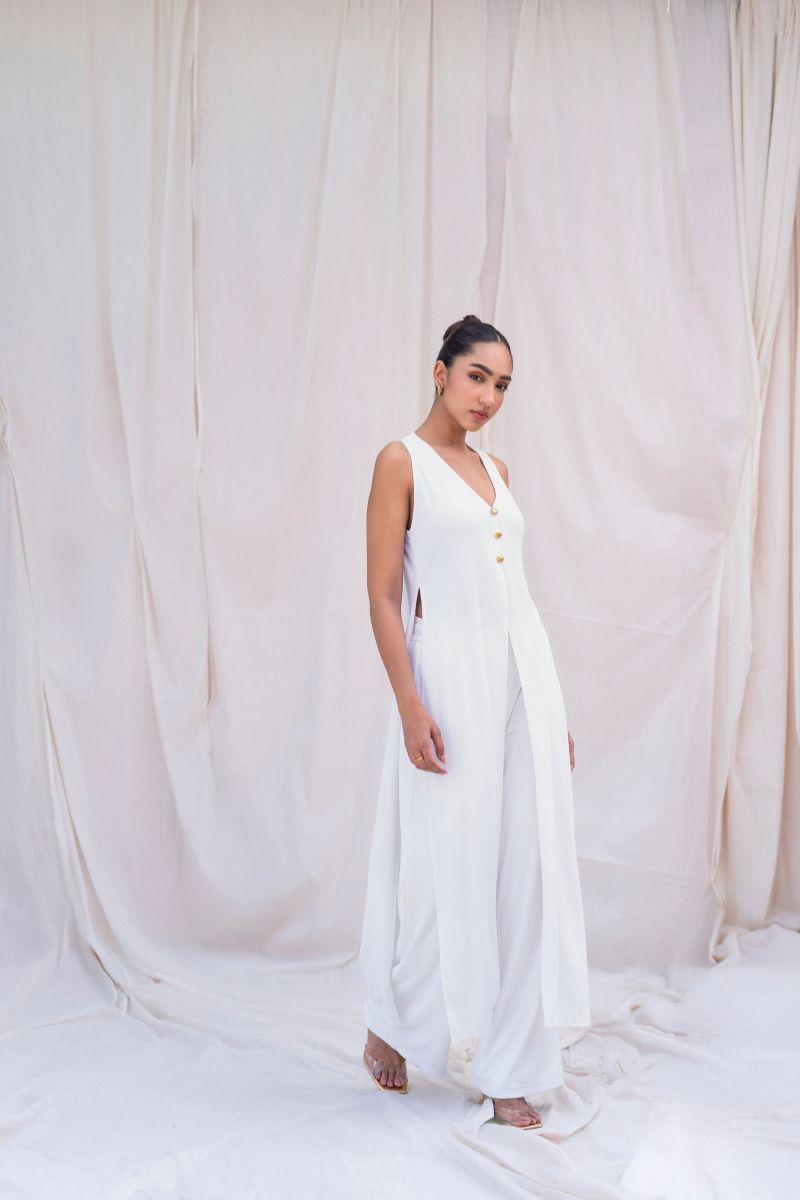 White Ribbed Long Top & Pant Set