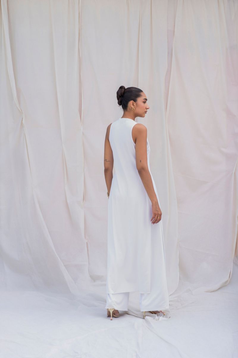 White Ribbed Long Top & Pant Set