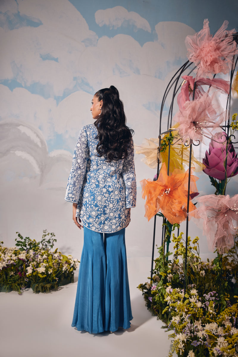 Electric blue dori embroidery jacket with kalidaar sharara and inner