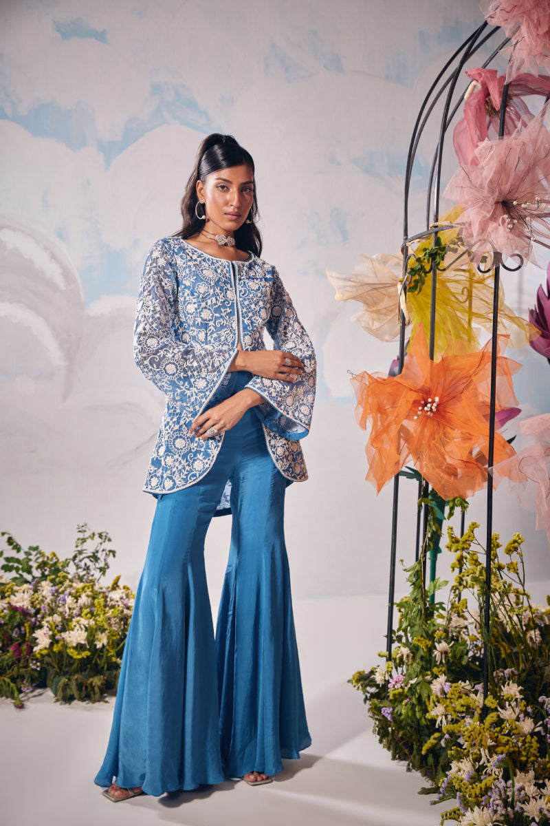 Electric blue dori embroidery jacket with kalidaar sharara and inner
