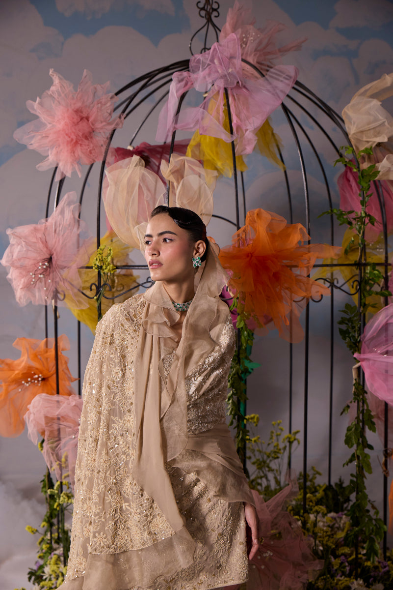 Beige thread dori embroidery kurta with sharara and dupatta