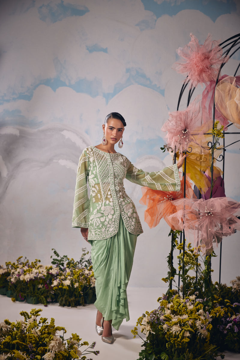 Sea green dori embroidery jacket with drape dhoti and bustier