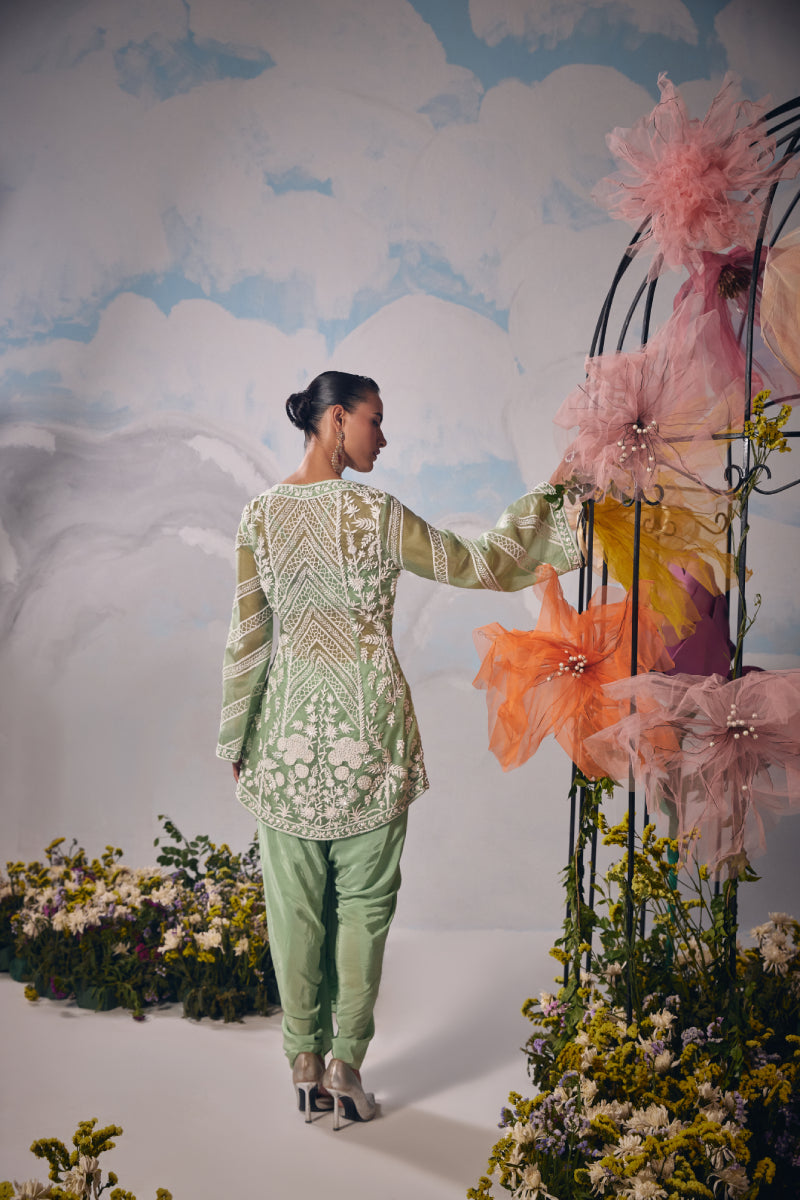 Sea green dori embroidery jacket with drape dhoti and bustier