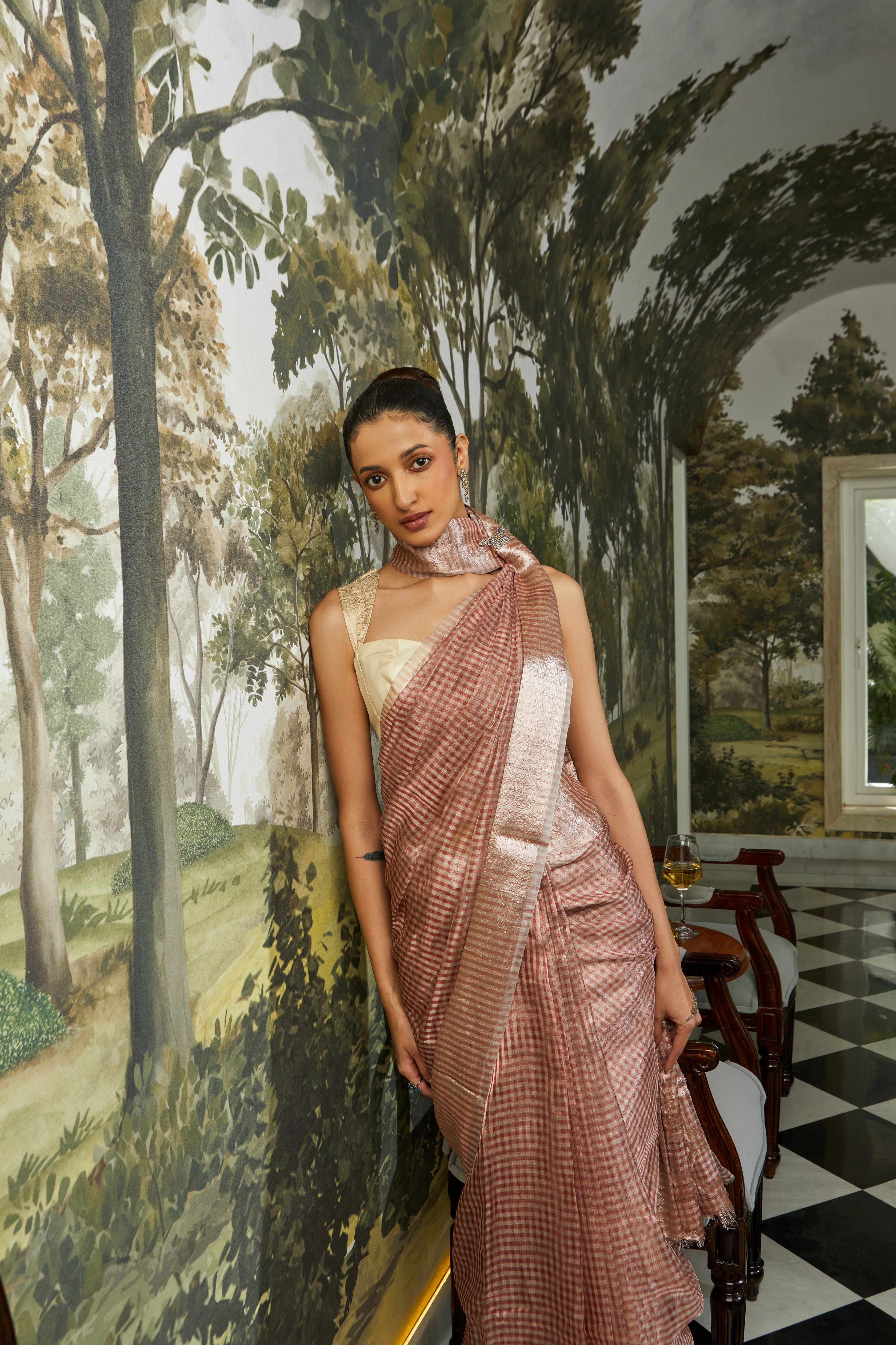 Handwoven Kora Silk Zari Checker Banarasi Saree