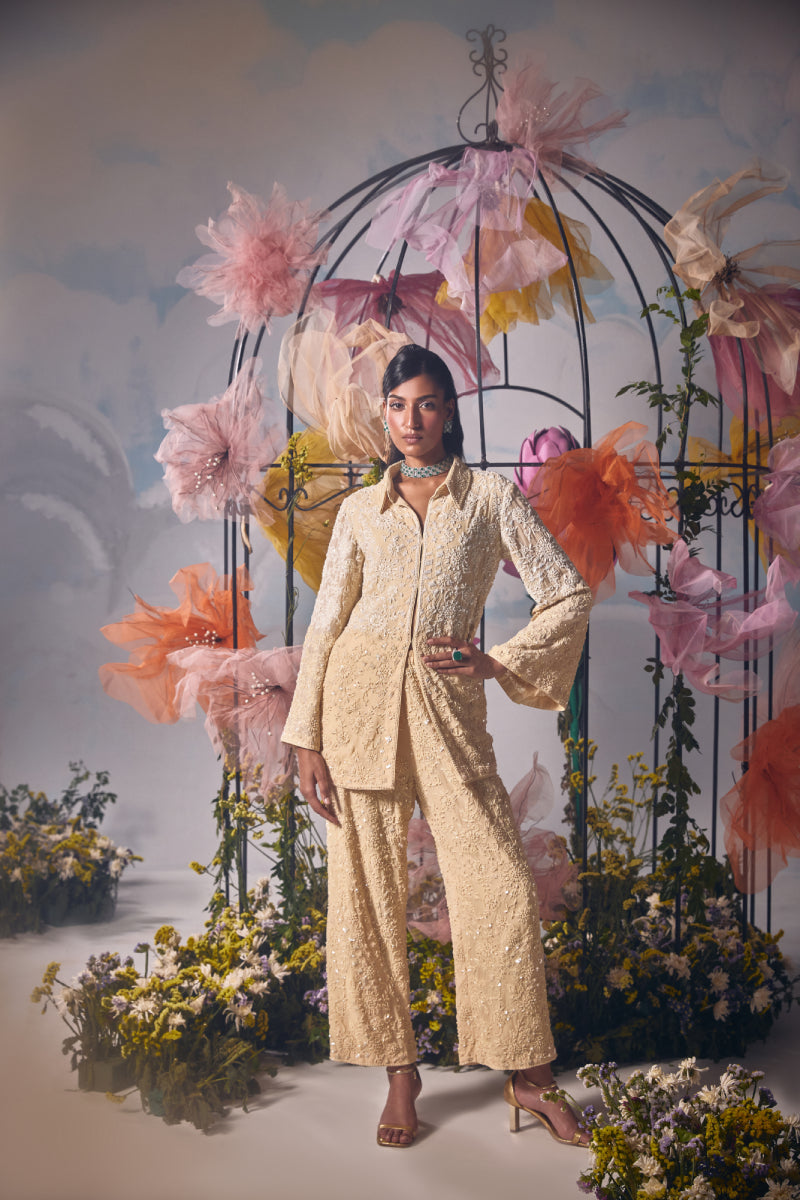 Eggshell dori self tone fully embroidery jacket with pants