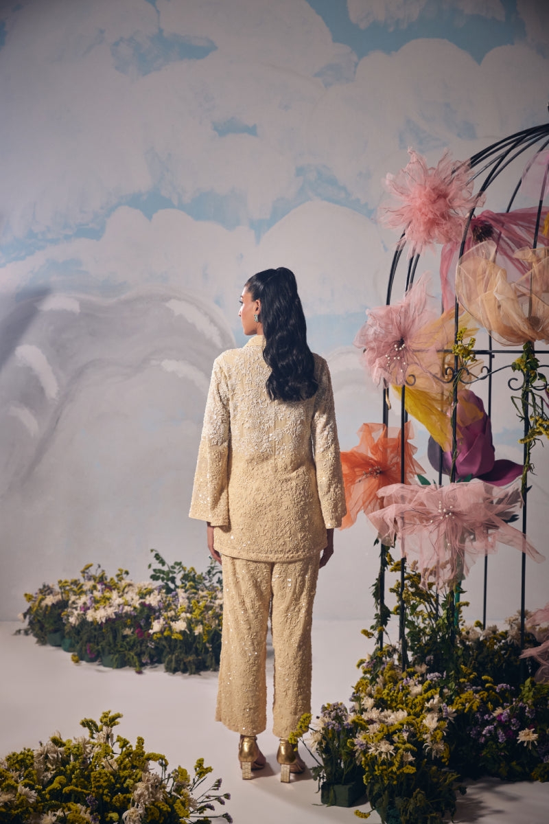 Eggshell dori self tone fully embroidery jacket with pants