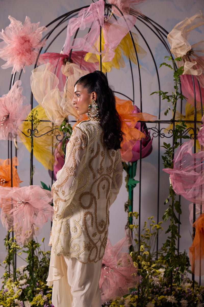 Ivory beige dori embroidery kurta with drape skirt