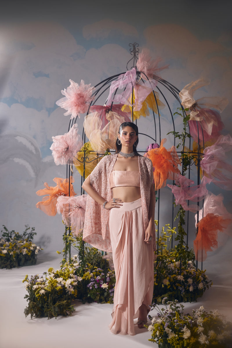 Peach dori self embroidery cape with drape skirt and bustier