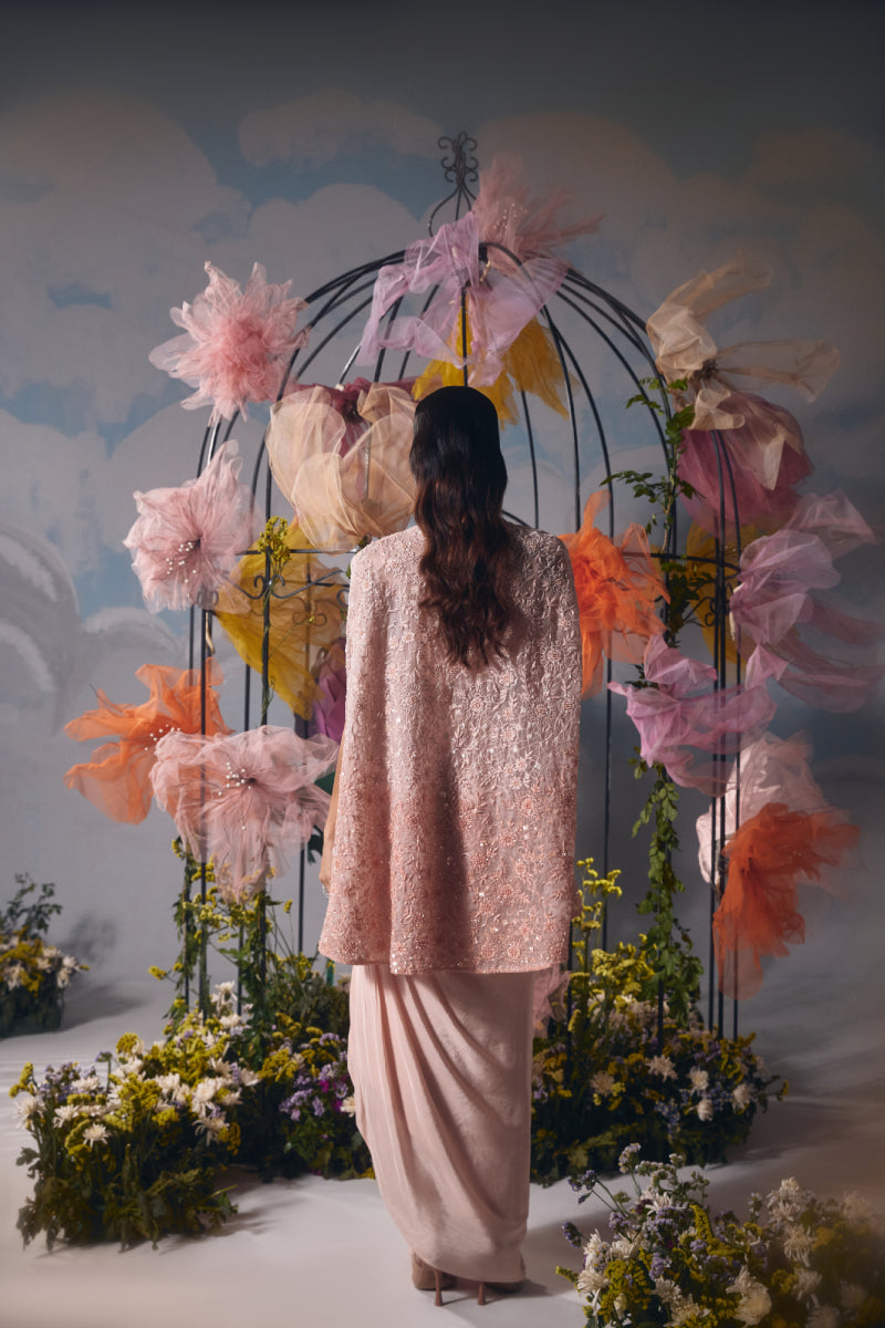 Peach dori self embroidery cape with drape skirt and bustier