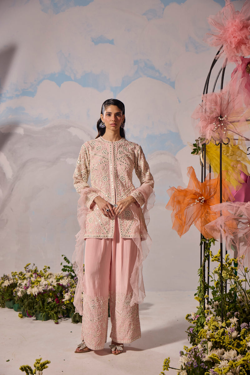 Rose pink dori embroidery jacket with pants and frill dupatta