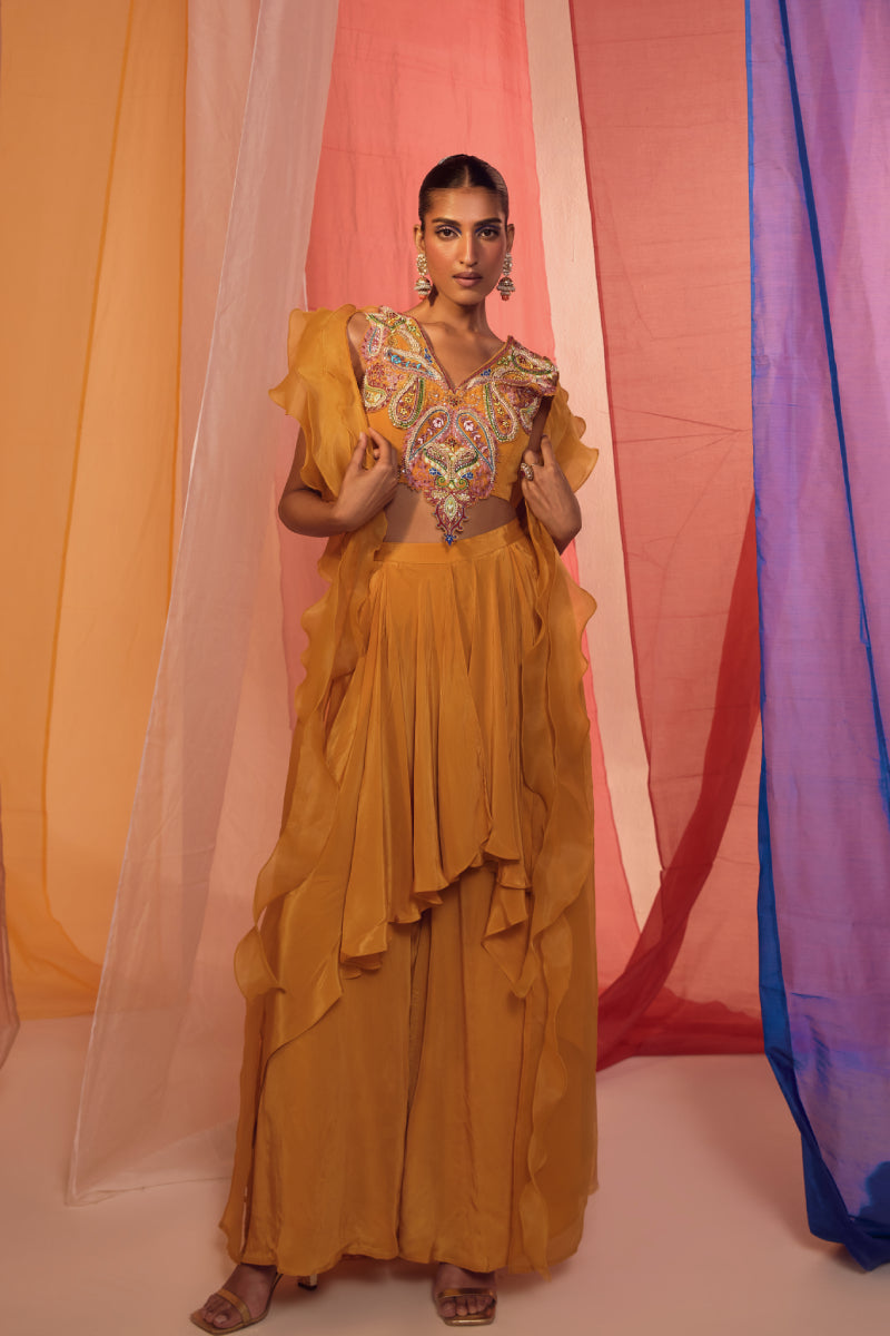 Mustard Ruffle Cape With Embroidered Neck Detail Blouse And Drape Pants