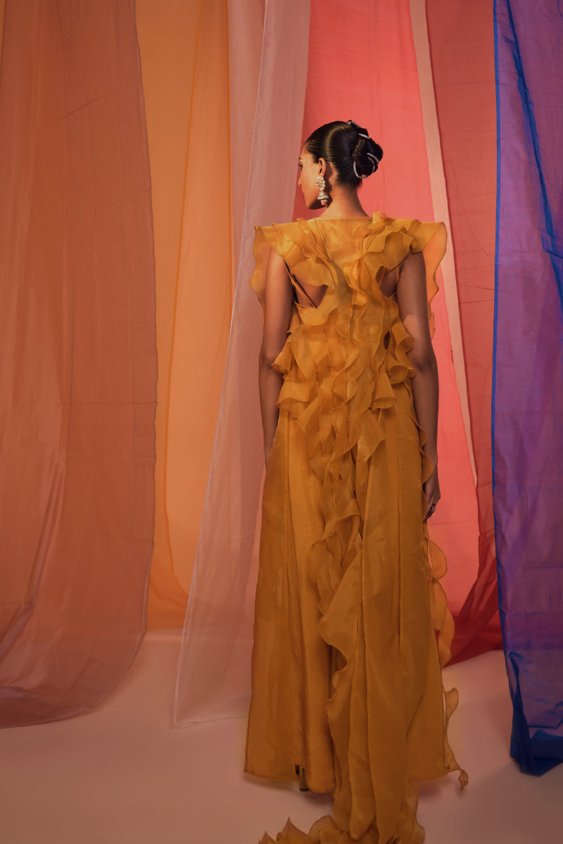 Mustard Ruffle Cape With Embroidered Neck Detail Blouse And Drape Pants