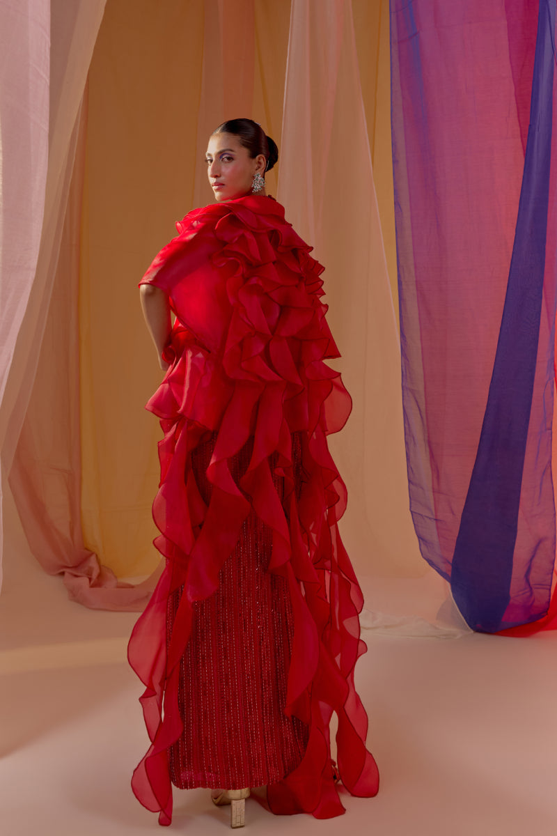 Ruby Red Fully Embroidered Halter Blouse With Drape Skirt And Ruffle Organza Cape