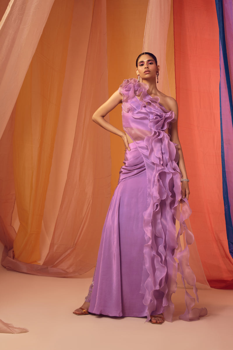 Lavender Assymetrical Drape Top With Crystal Embellished Skirt And Bustier