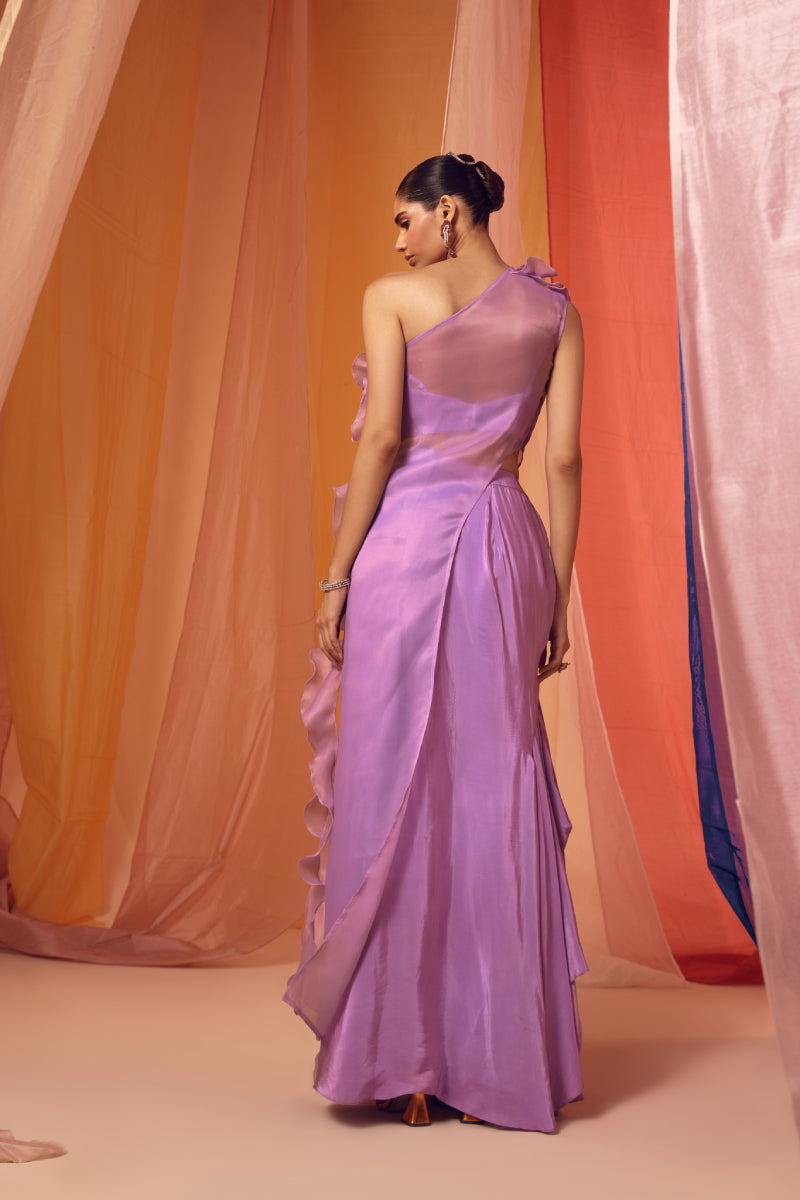 Lavender Assymetrical Drape Top With Crystal Embellished Skirt And Bustier