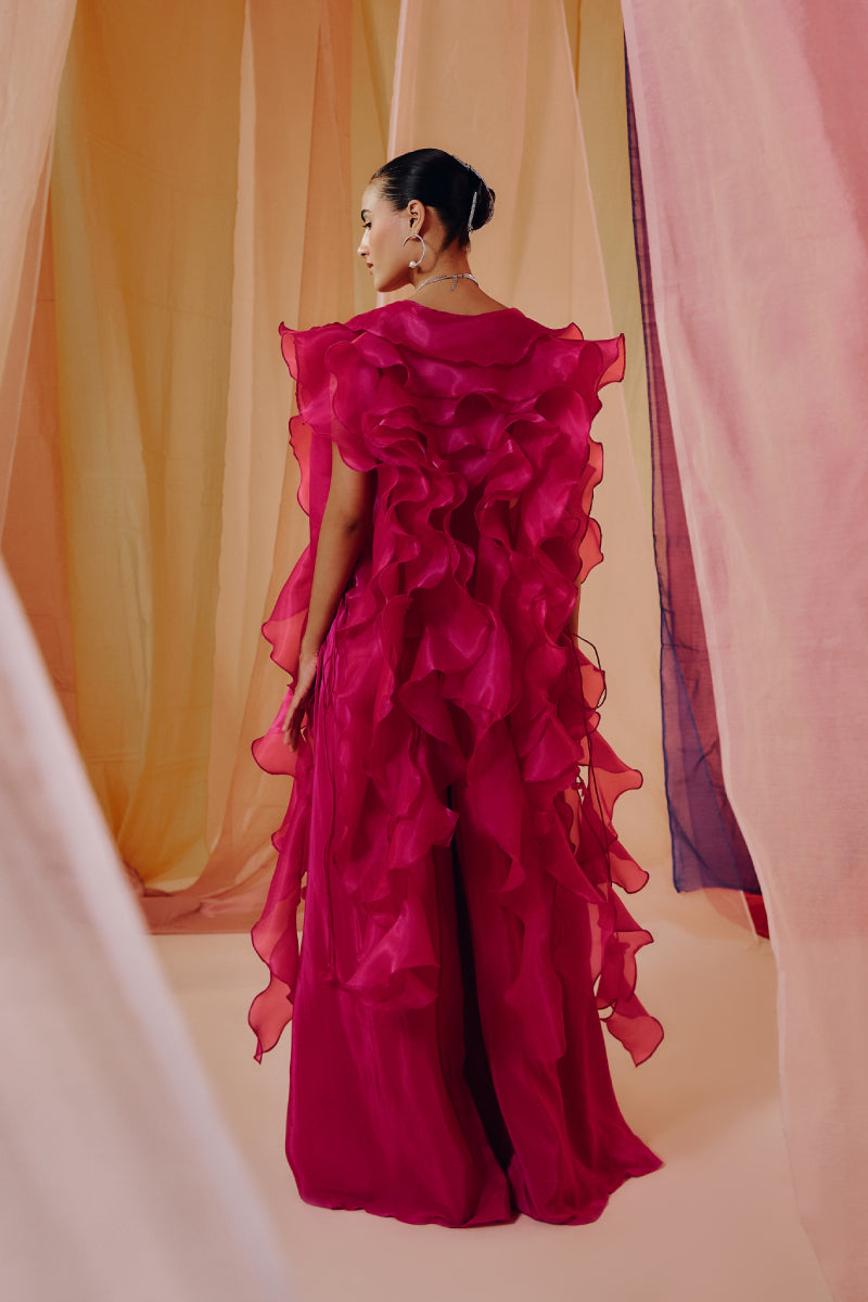 Hot Pink 3D Embroidered Blouse With Ruffle Cape And Drape Pants