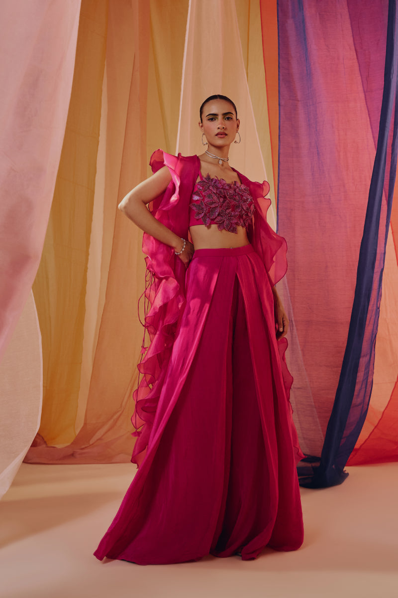 Hot Pink 3D Embroidered Blouse With Ruffle Cape And Drape Pants