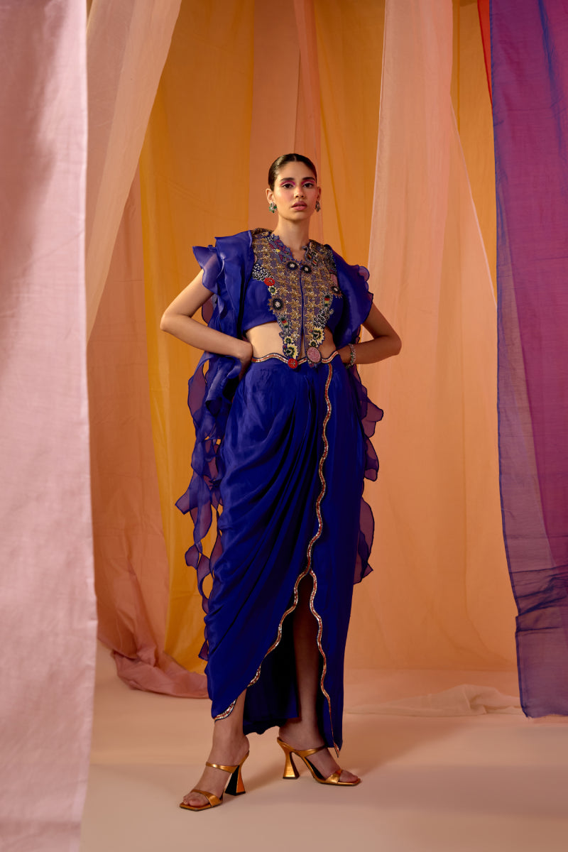 Navy Ruffle Cape With Embroidered Neck Detail Blouse And Drape Scallop Skirt