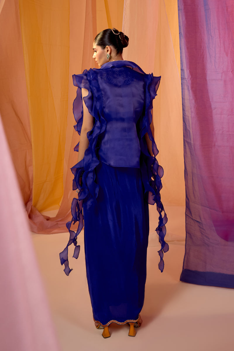 Navy Ruffle Cape With Embroidered Neck Detail Blouse And Drape Scallop Skirt