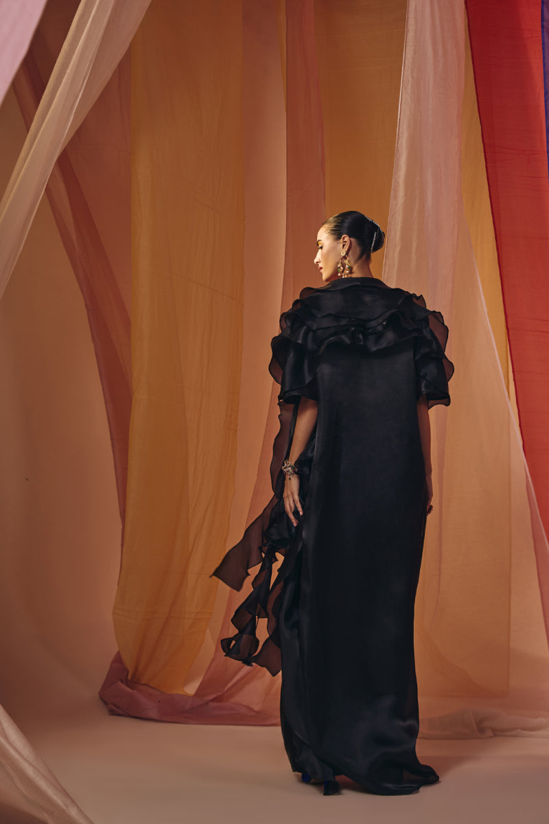 Black Ruffle Cape With Embroidered Neck Detail Blouse And Drape  Skirt