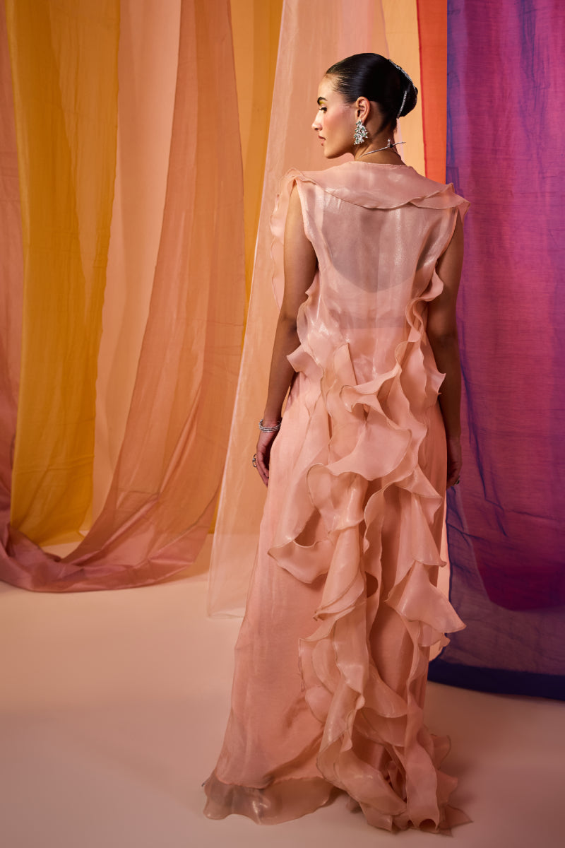 Peach Sequence Embroidered Blouse With Drape Skirt And Dramatic Ruffle Cape