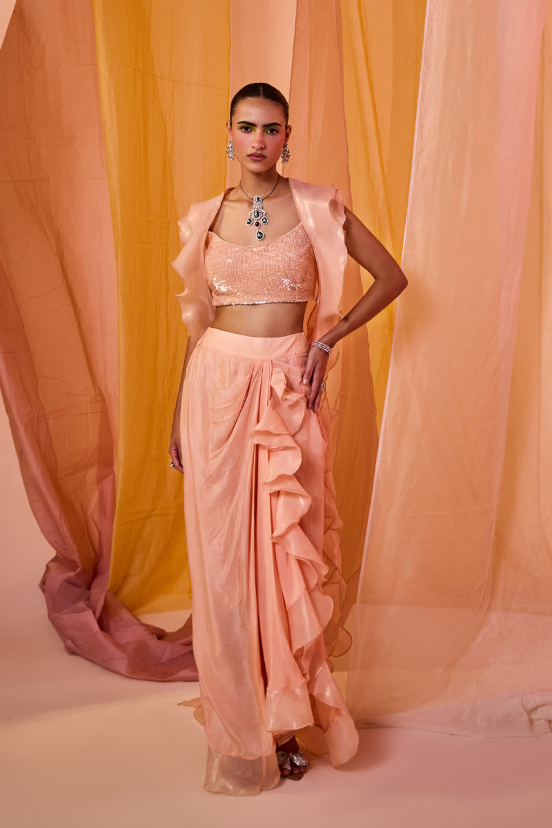 Peach Sequence Embroidered Blouse With Drape Skirt And Dramatic Ruffle Cape