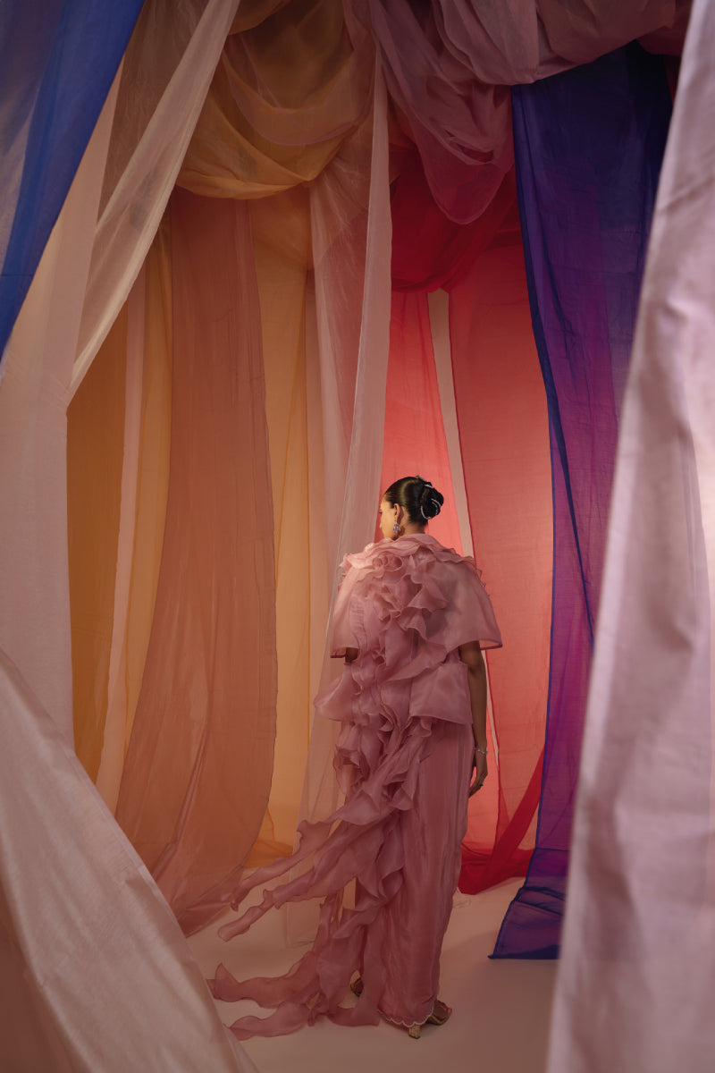 Rose Pink Ruffle Cape With Embroidered Neck Detail Blouse And Drape Scallop Skirt