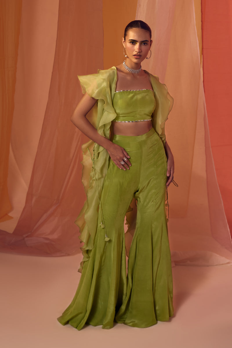 Green Ruffle Organza Cape With Crystal Detailing Bustier And Kalidaar Pants