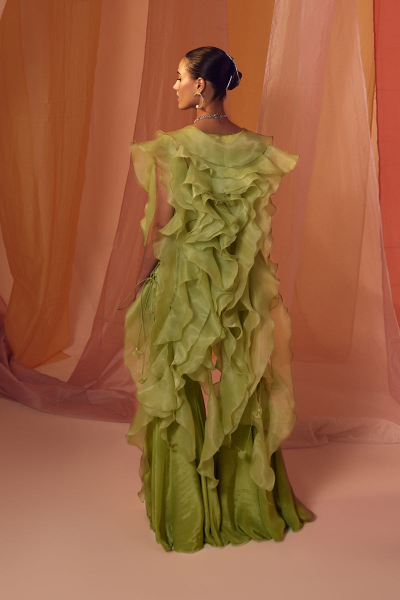 Green Ruffle Organza Cape With Crystal Detailing Bustier And Kalidaar Pants