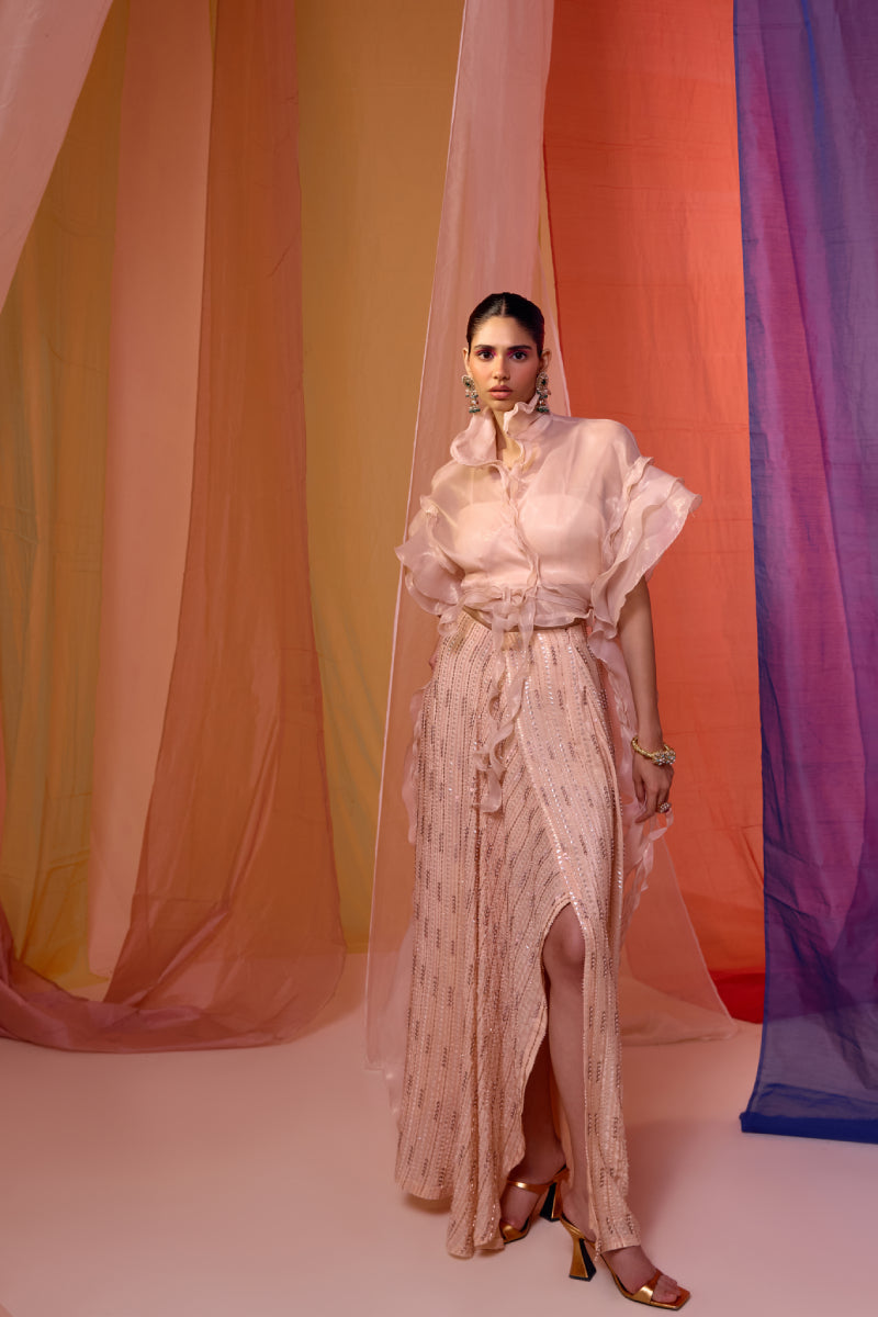 Peach Blush Rufffle Sleeve Detail Wrap Around Top With Embrodiered Drape Skirt And Bustier