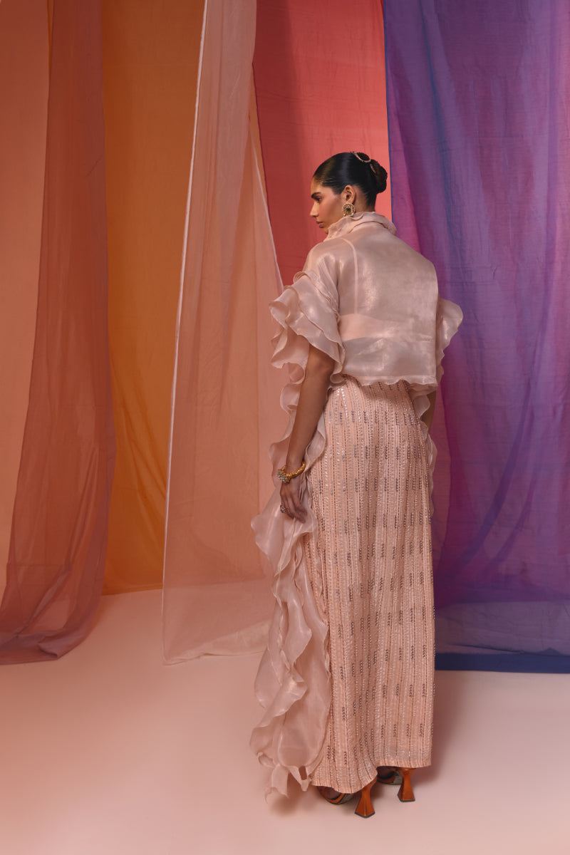 Peach Blush Rufffle Sleeve Detail Wrap Around Top With Embrodiered Drape Skirt And Bustier