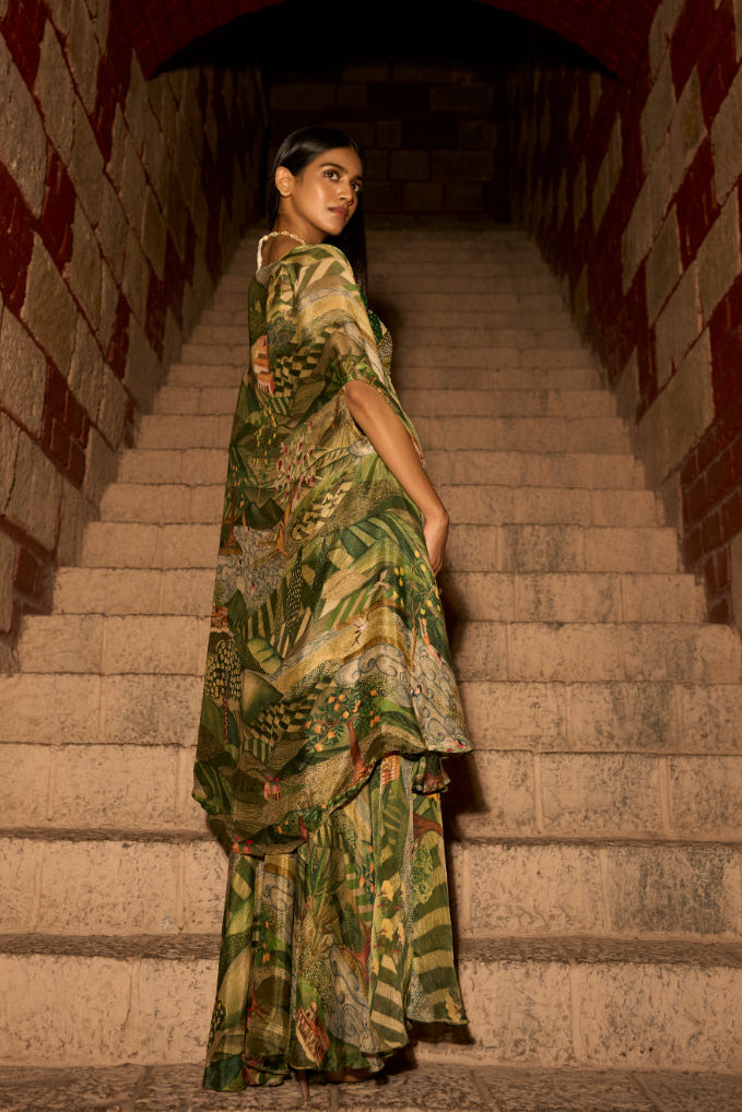 Enchanted Canopy – Jungle Print Cowl Skirt Set with Handwork Blouse and Shrug