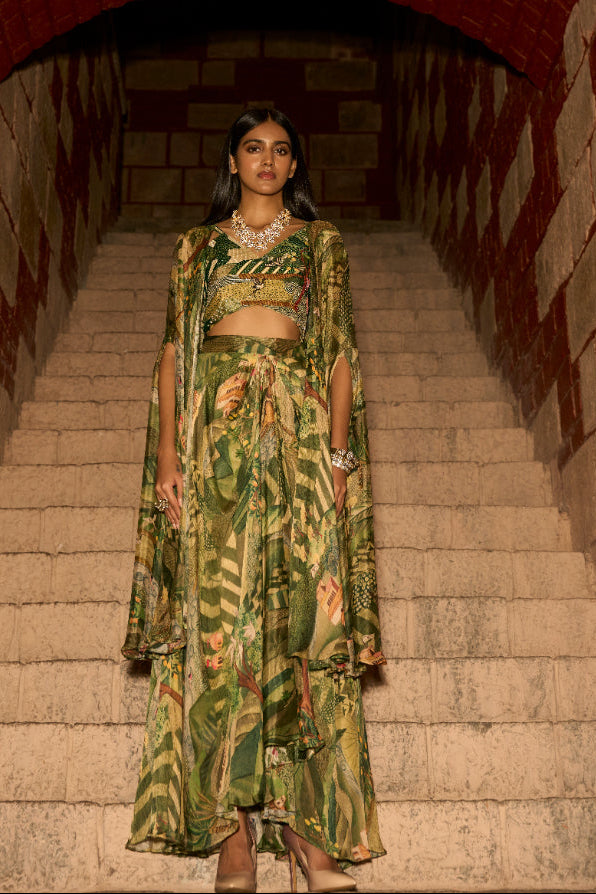 Enchanted Canopy – Jungle Print Cowl Skirt Set with Handwork Blouse and Shrug