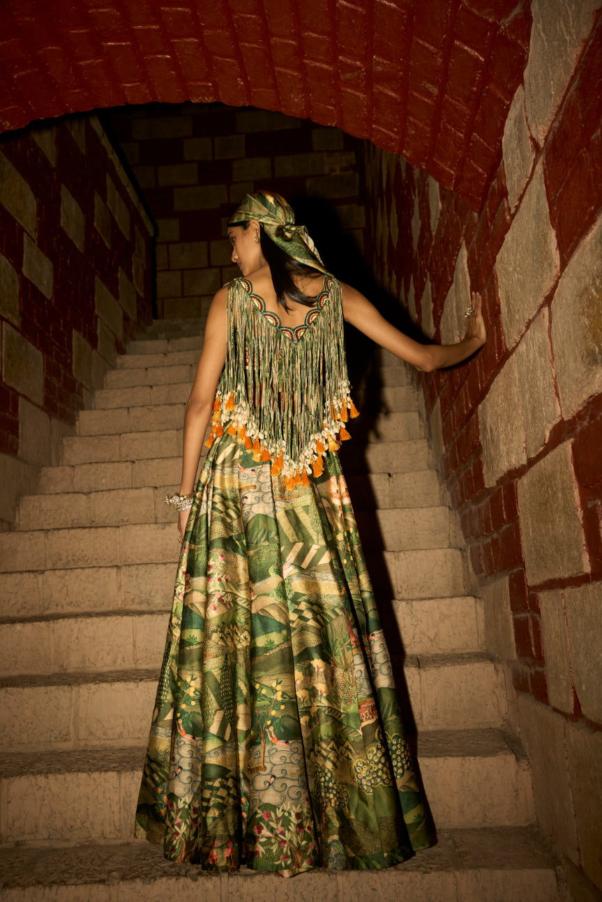 Tales of the Tropics – Jungle Print Skirt Set with Handcrafted Dori & Shell Tassel Detailing