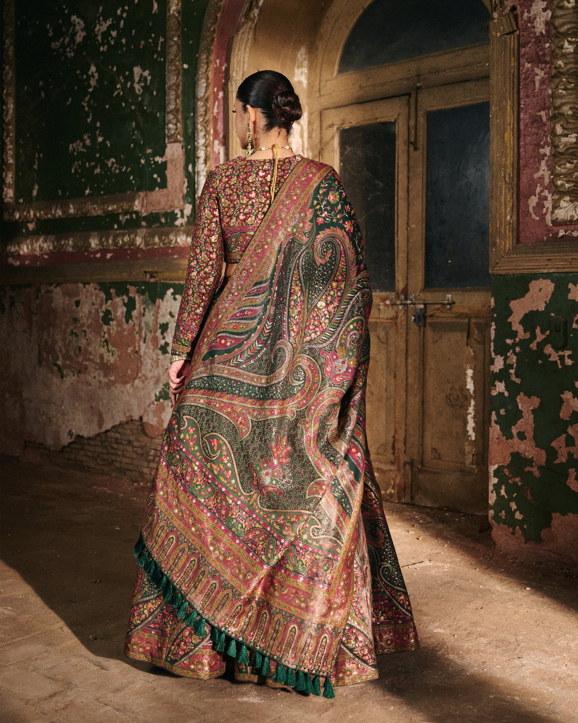 GREEN MOONGA SILK KANI WEAVE LEHENGA