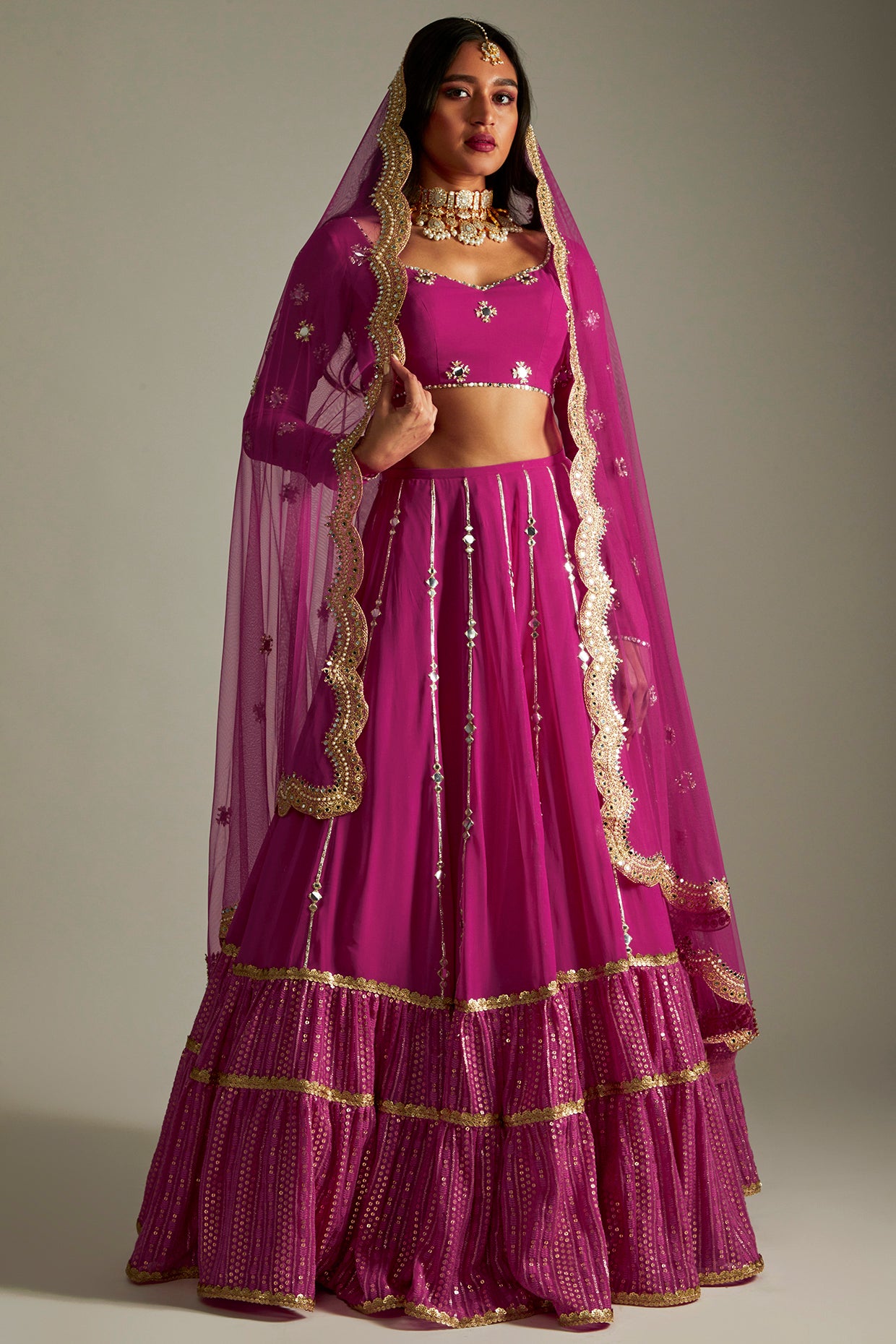 Magenta Mirror And Gota Lehenga Set