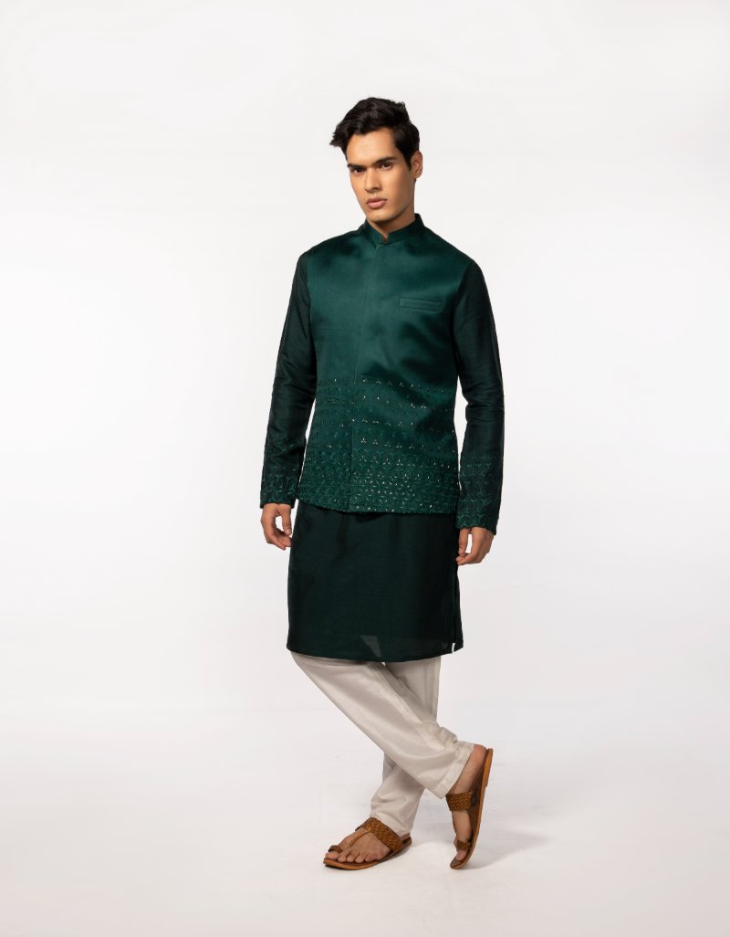 Bottle Green Embroidered Bundi With Bottle Green Embroidered Kurta Set