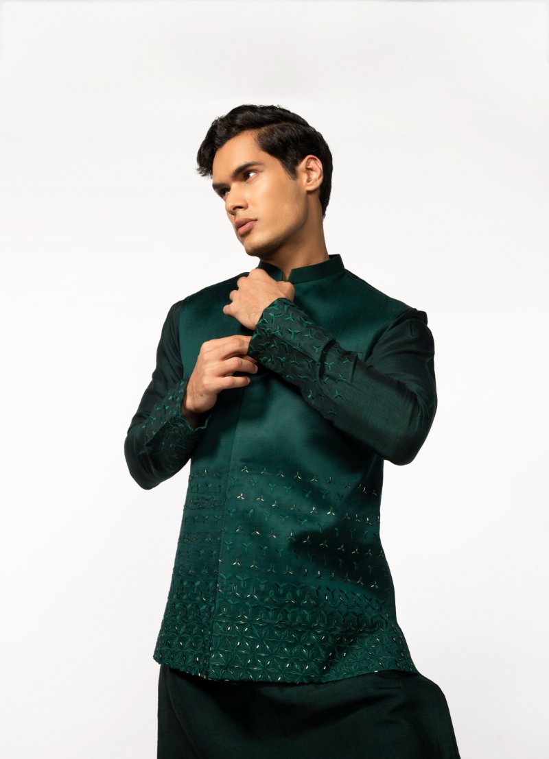 Bottle Green Embroidered Bundi