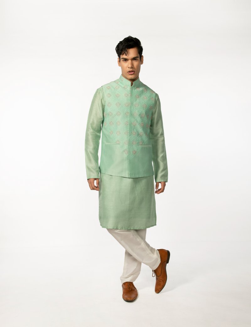 Sea Green Hand Embroidered Bundi With Sea Green Kurta Set