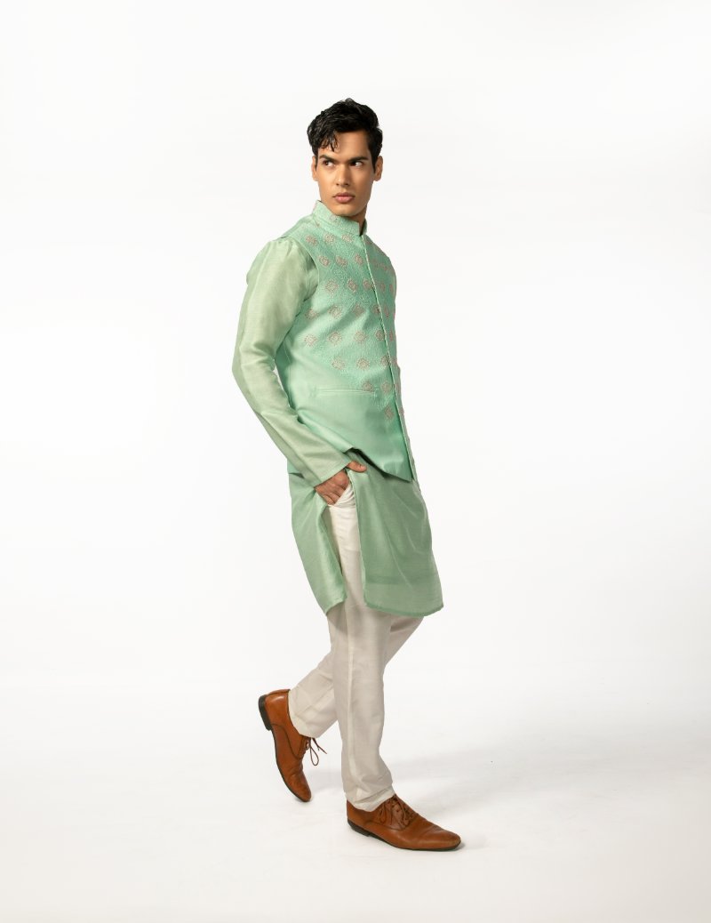 Sea Green Hand Embroidered Bundi With Sea Green Hand Embroidered Kurta Set