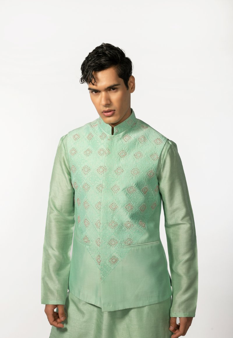 Sea Green Hand Embroidered Bundi