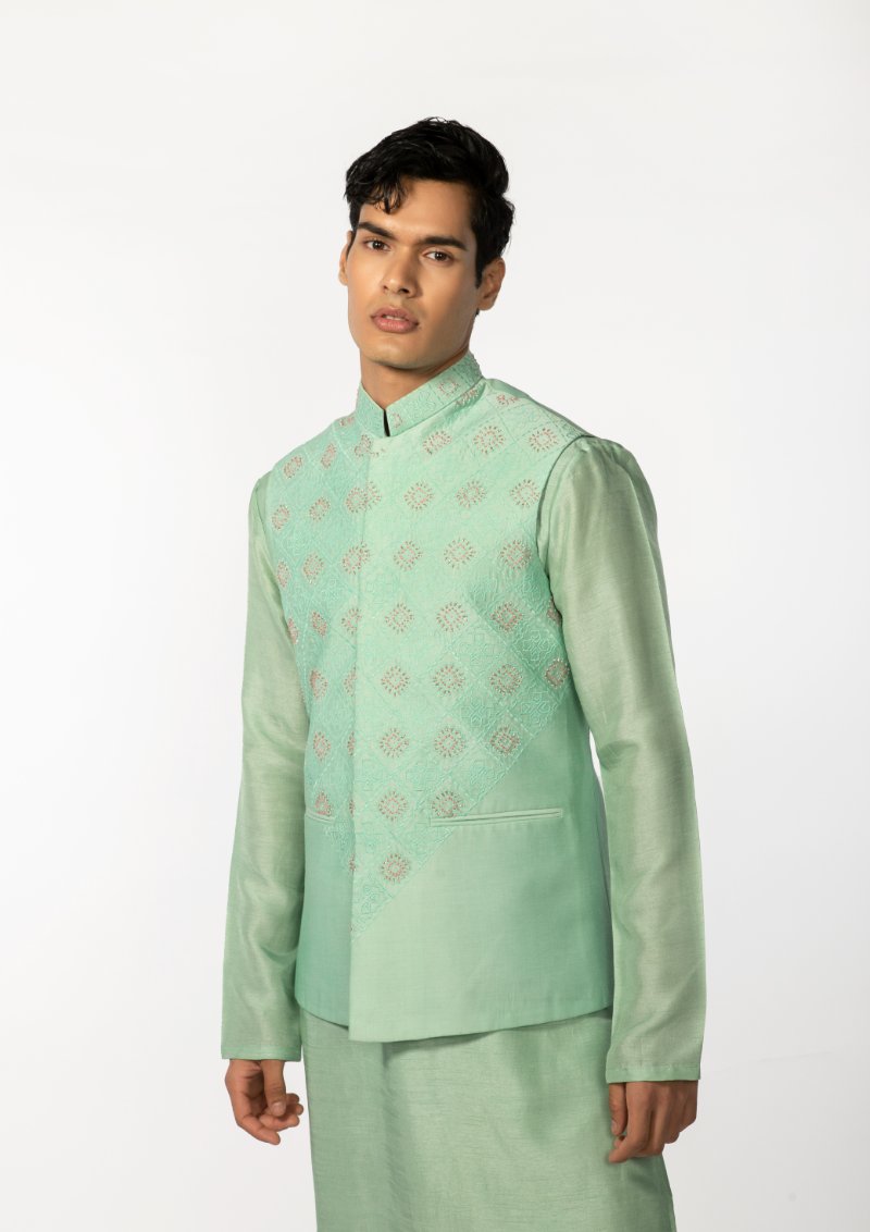 Sea Green Hand Embroidered Bundi