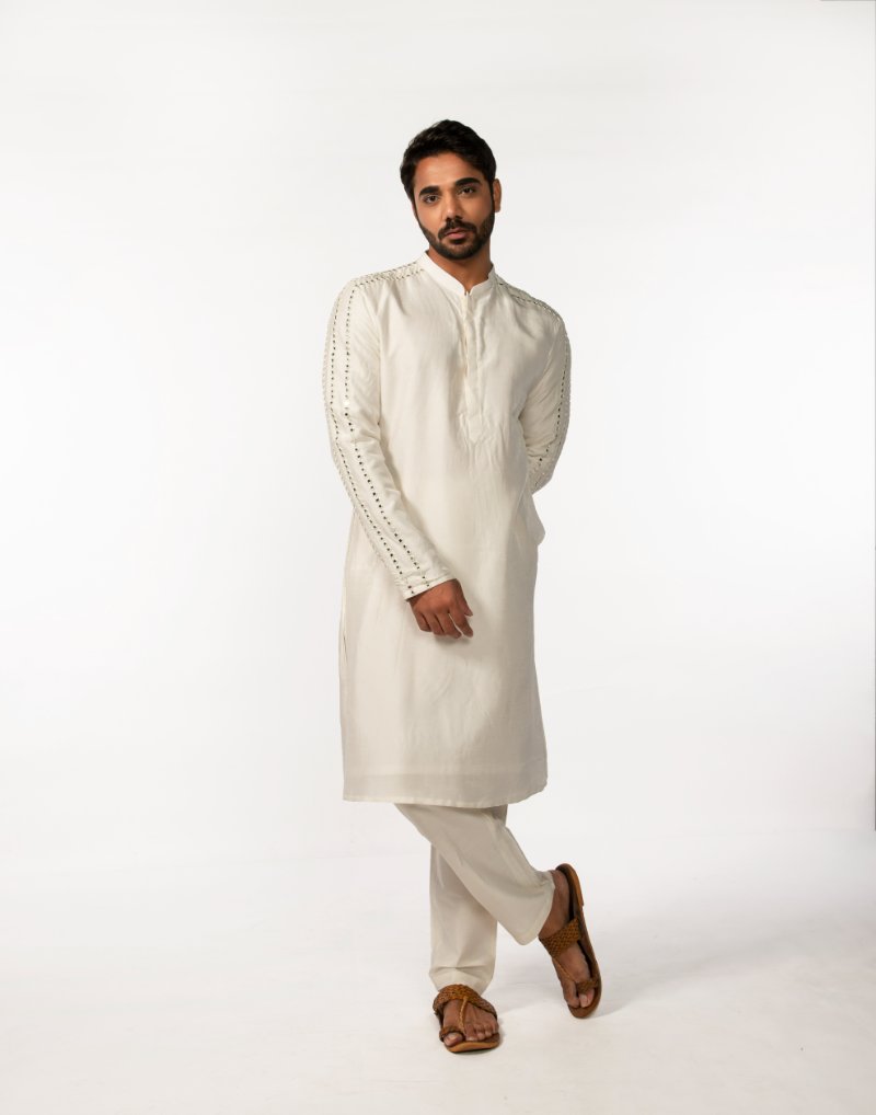 Ivory Sleeve Embroidered Mirror Kurta