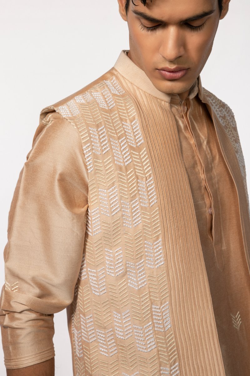 Rosegold Pintuck With Embroidered Bundi With Rosegold Kurta Set