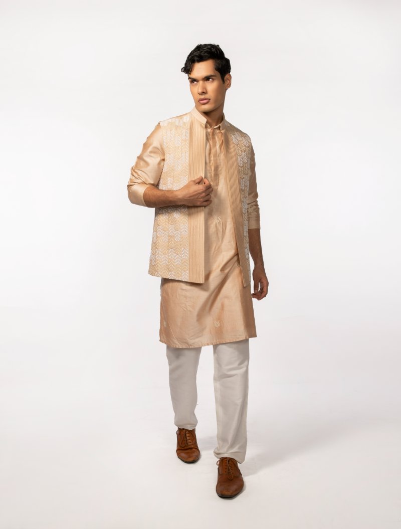 Rosegold Pintuck With Embroidered Bundi With Kurta Set