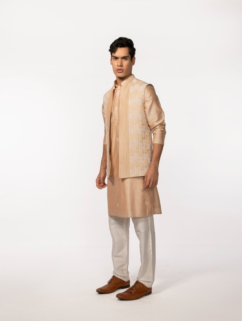 Rosegold Pintuck With Embroidered Bundi With Kurta Set