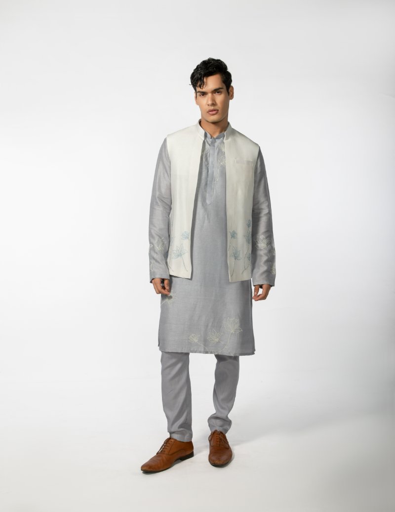 Ivory Lotus Open Bundi With Grey Lotus Kurta Set