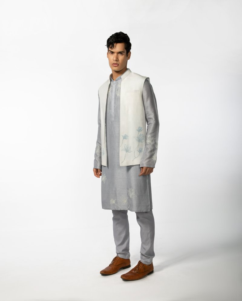 Ivory Lotus Open Bundi With Grey Lotus Kurta Set