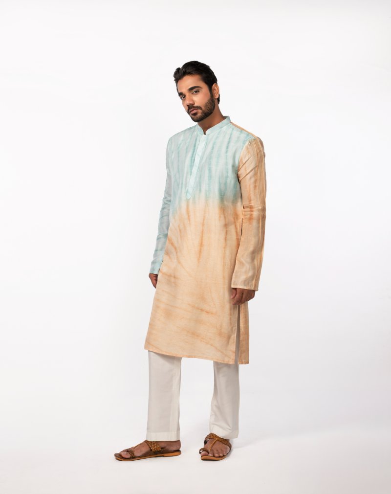 Peach-Blue Tye Dye Pintuck Kurta Set
