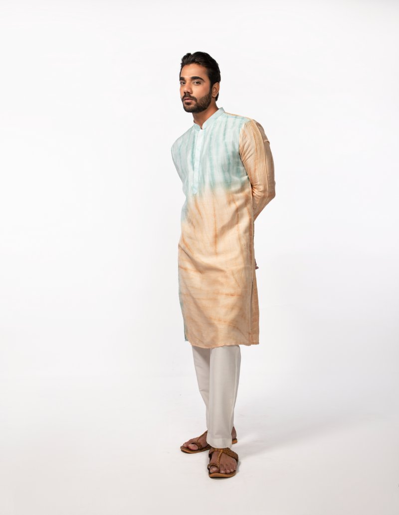 Peach-Blue Tye Dye Pintuck Kurta Set